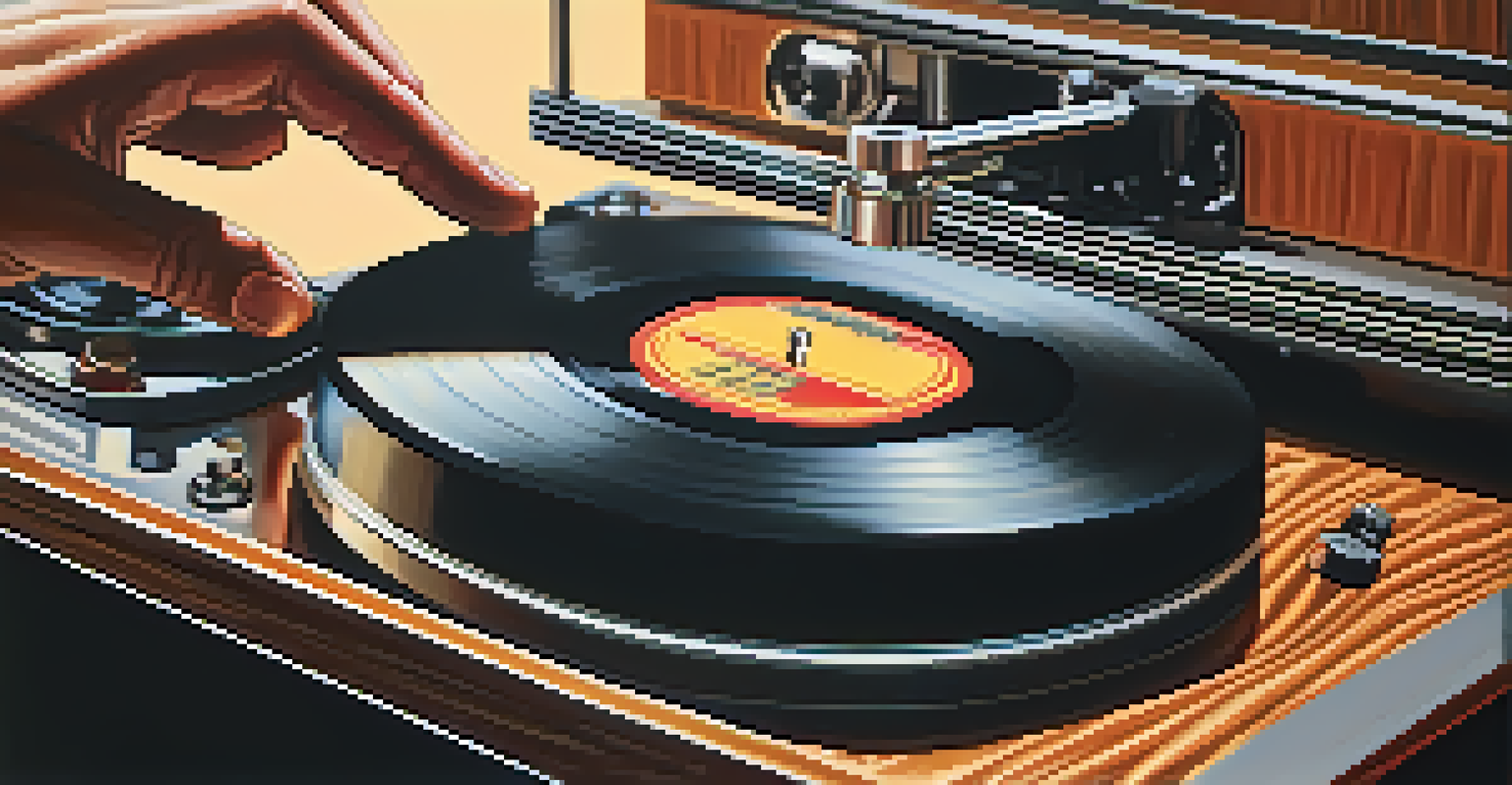 Close-up of hands placing a needle on a spinning vinyl record, focusing on the turntable's details.