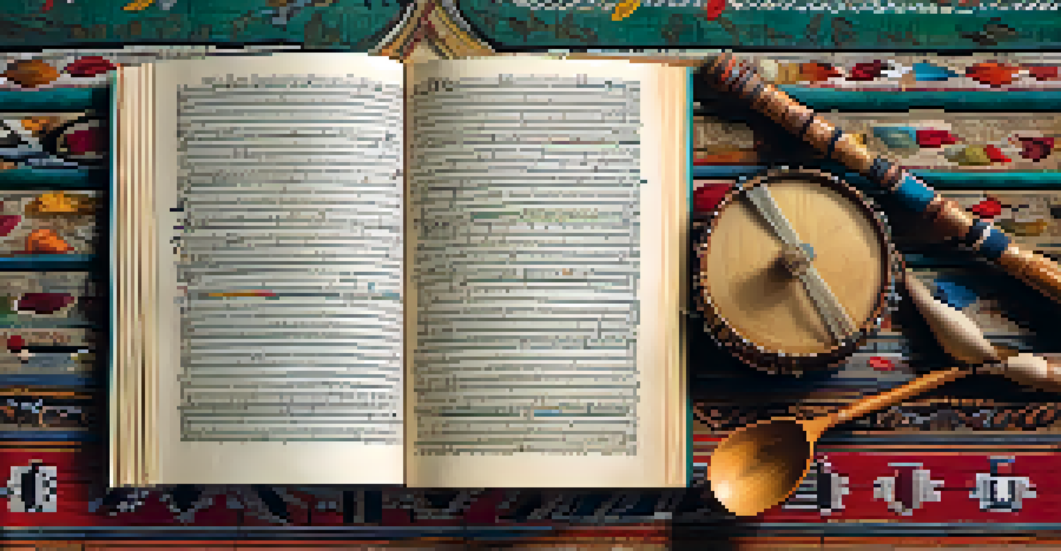 An open book with handwritten lyrics and musical notes, alongside cultural artifacts like a drum and a flute.