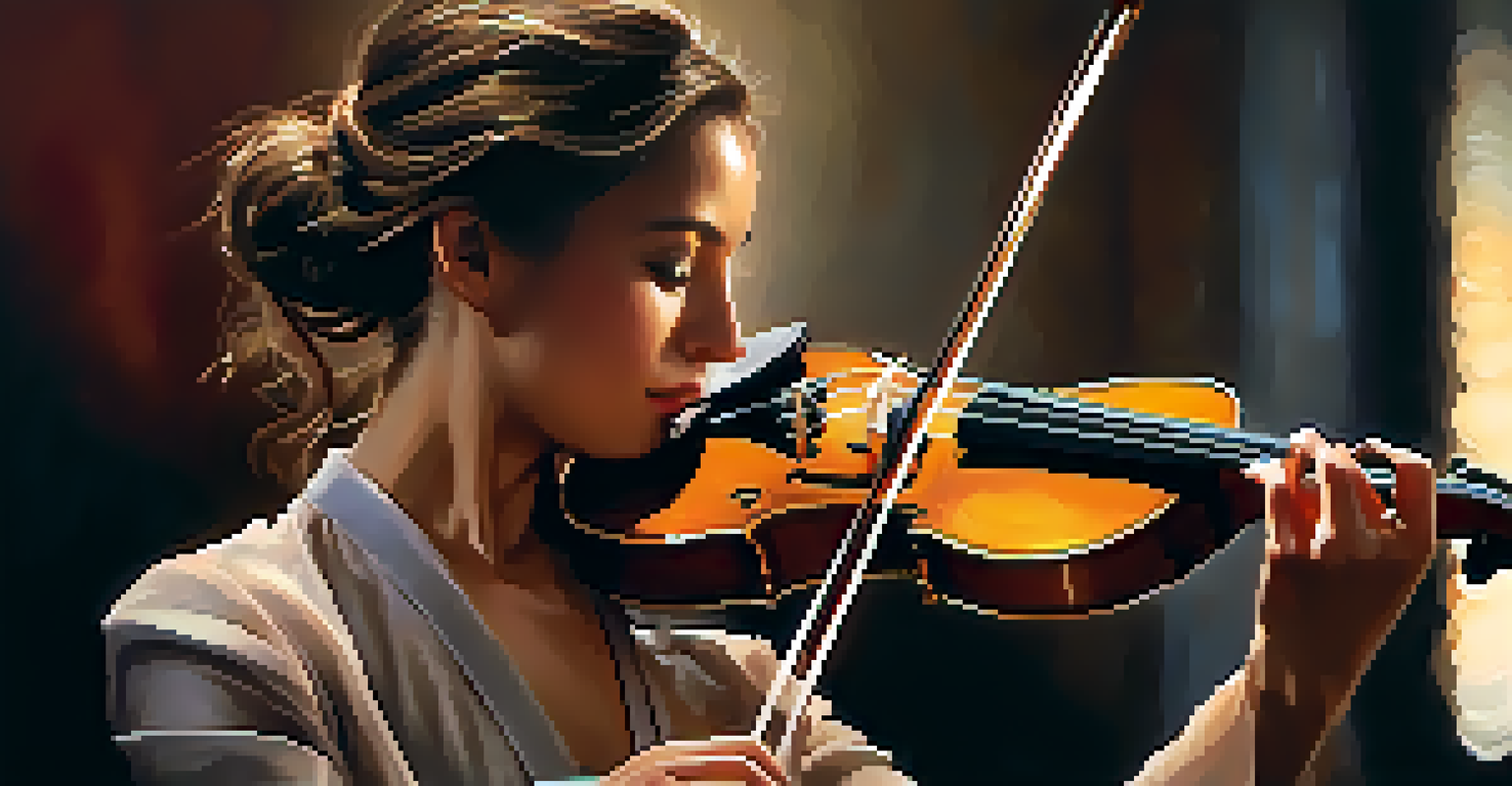 A violinist on stage swaying to the music, with a spotlight highlighting the violin and the musician's expressive face.