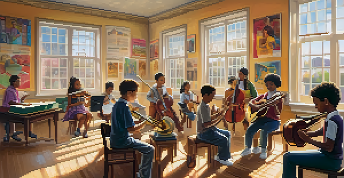A classroom filled with diverse students playing musical instruments, engaged in a music lesson with sunlight illuminating the space.