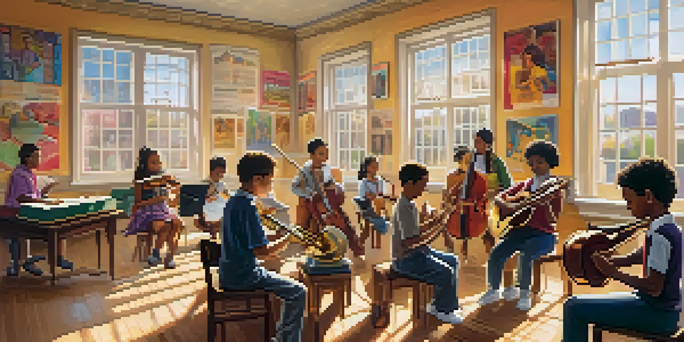A classroom filled with diverse students playing musical instruments, engaged in a music lesson with sunlight illuminating the space.
