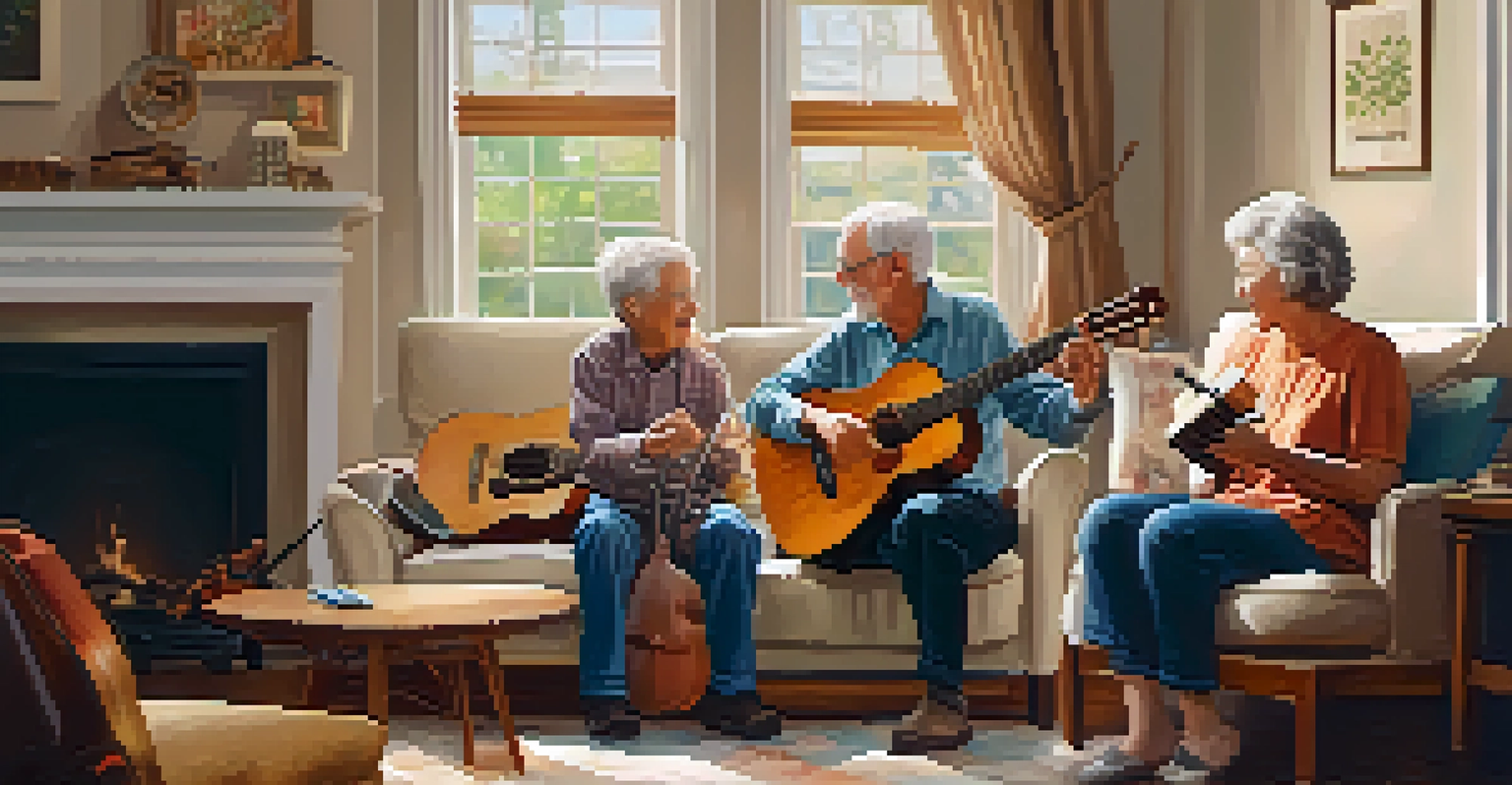 A grandparent and grandchild sharing a musical moment in a cozy living room, with the grandparent teaching a traditional song on a guitar.