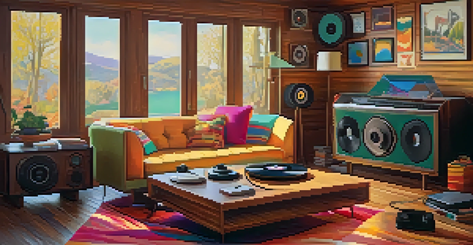 A vintage record player on a wooden table with colorful vinyl records scattered around, in a cozy living room with warm lighting.