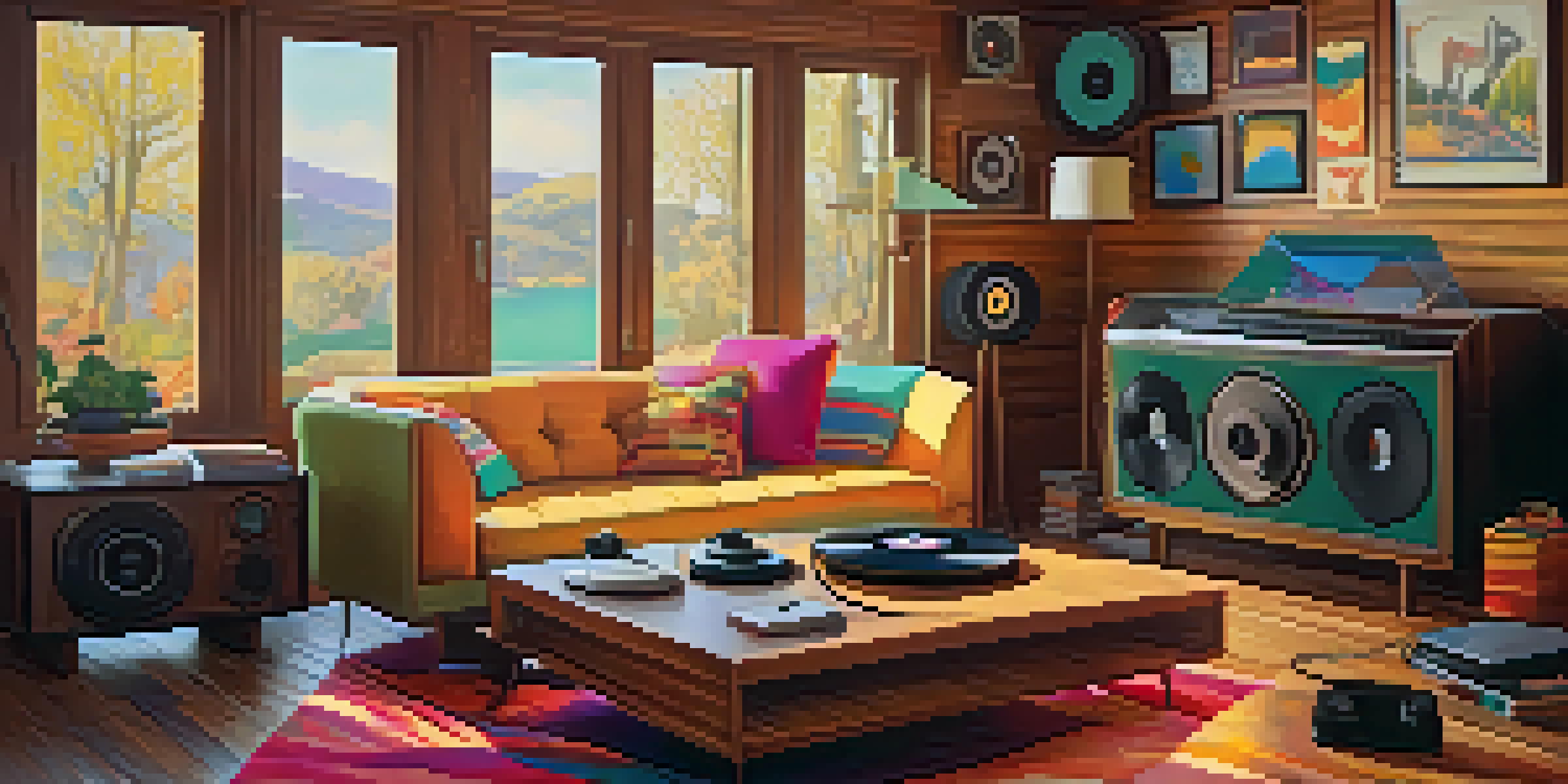 A vintage record player on a wooden table with colorful vinyl records scattered around, in a cozy living room with warm lighting.