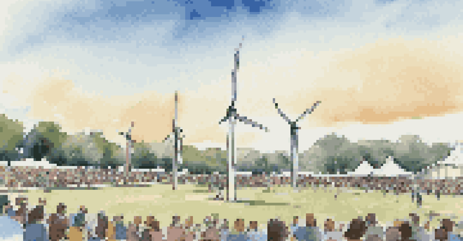 A wind turbine in a concert field with a stage in the background, showcasing musicians performing while spectators enjoy the eco-friendly environment.
