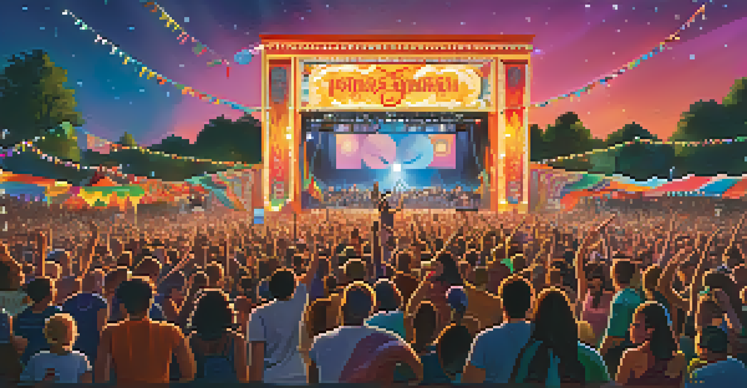 A lively outdoor music festival with a crowd enjoying performances, while a music critic takes notes in the foreground.