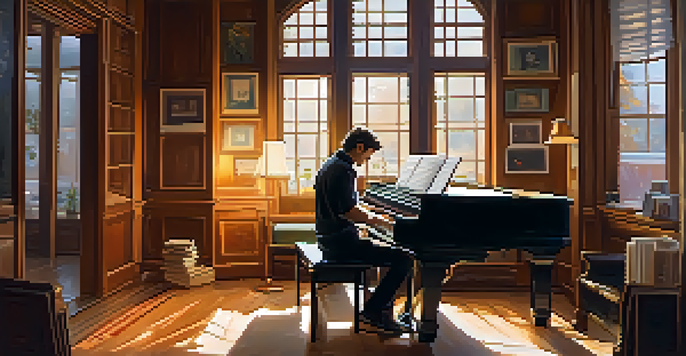 A songwriter at a piano, writing lyrics in a notebook in a warm, inviting studio.