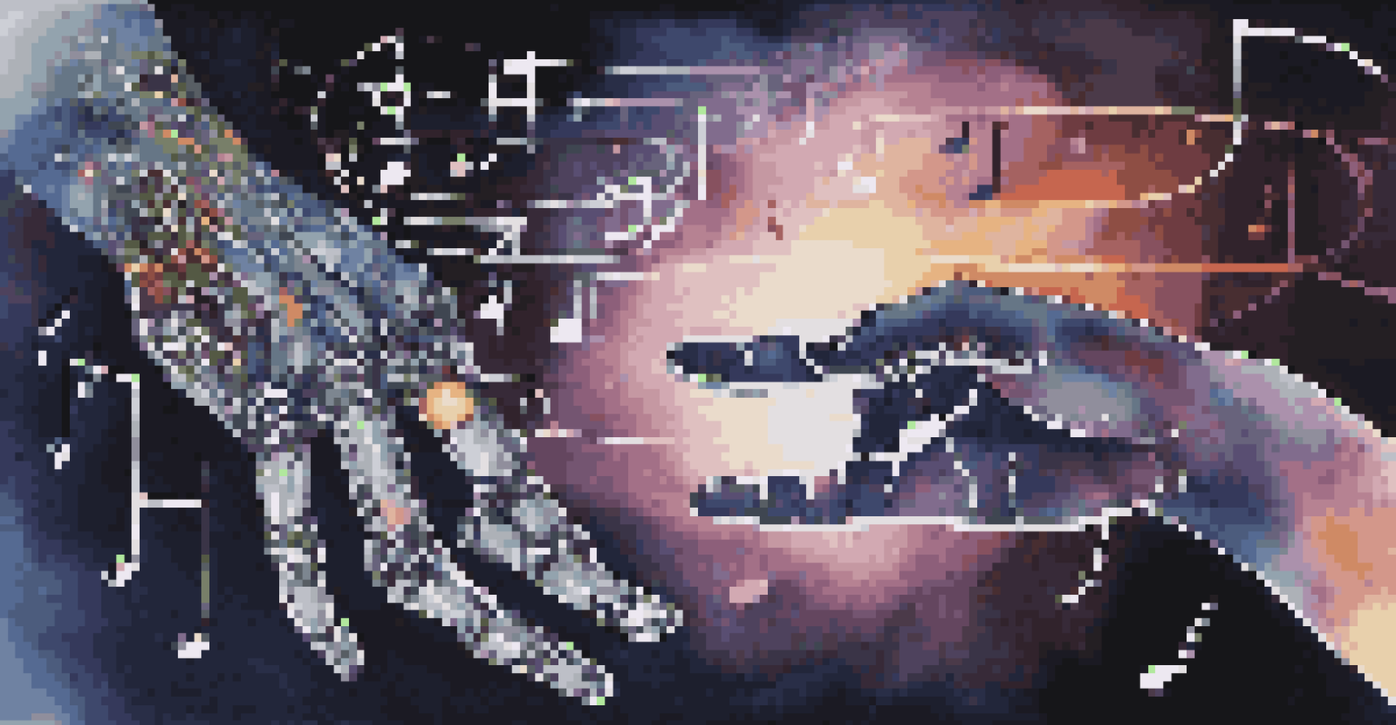 An abstract image showing a human hand and a robotic hand reaching towards each other, surrounded by musical notes and digital patterns.
