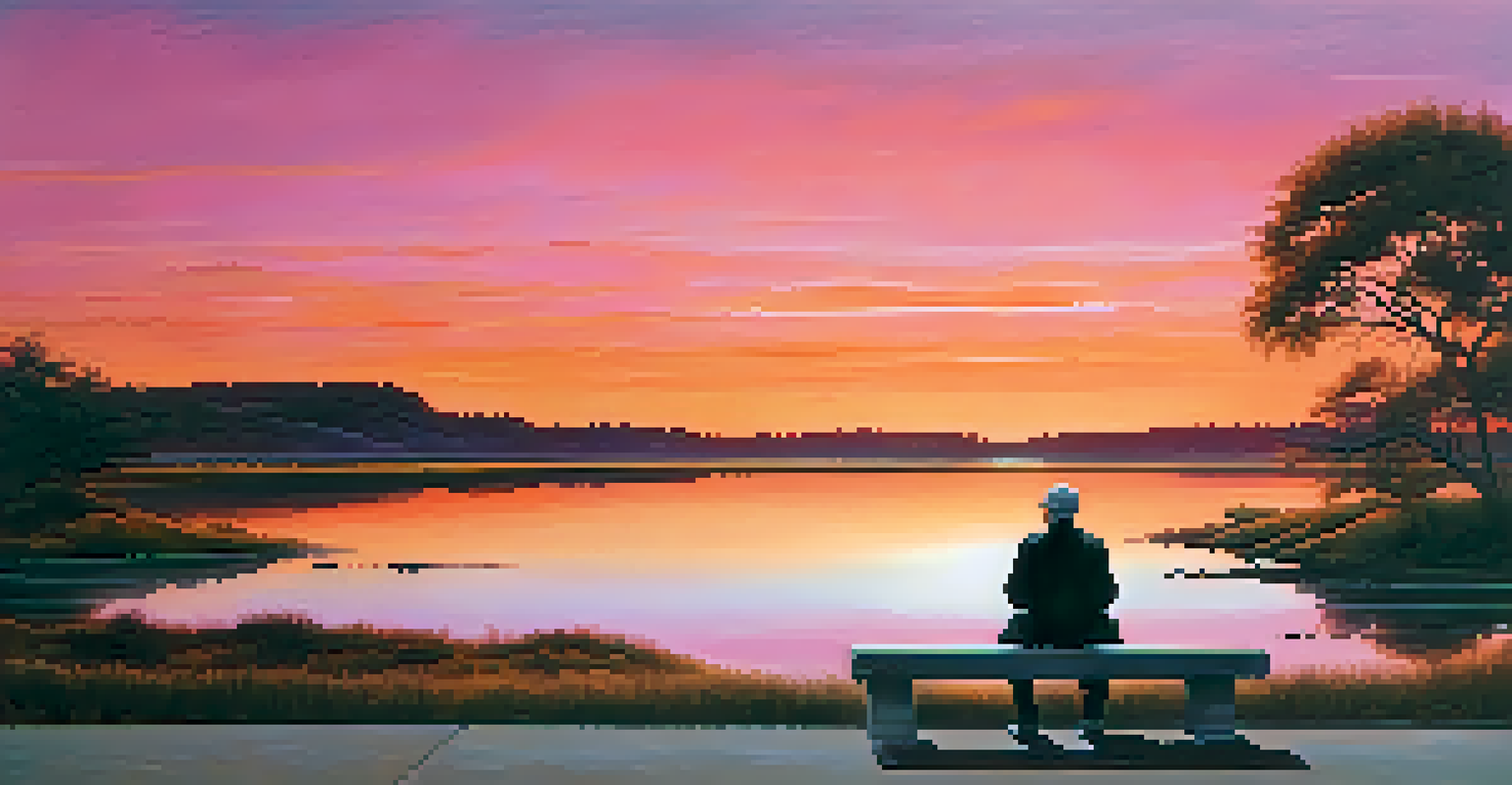 A lone figure on a bench at sunset, surrounded by a serene landscape, reflecting in silence.
