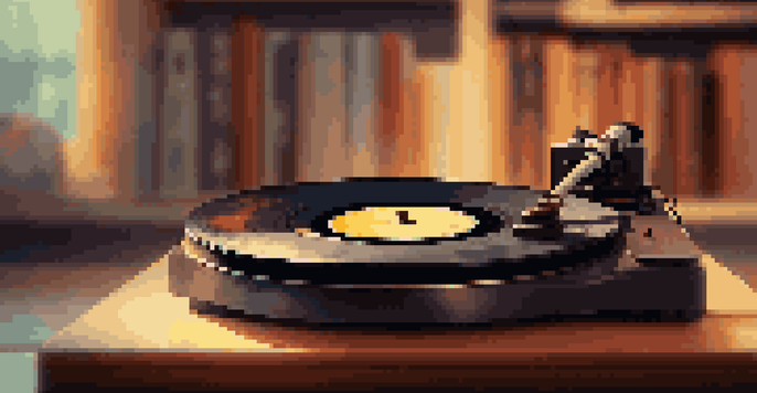 A close-up of a spinning vinyl record on a turntable, with warm lighting and a blurred bookshelf in the background.