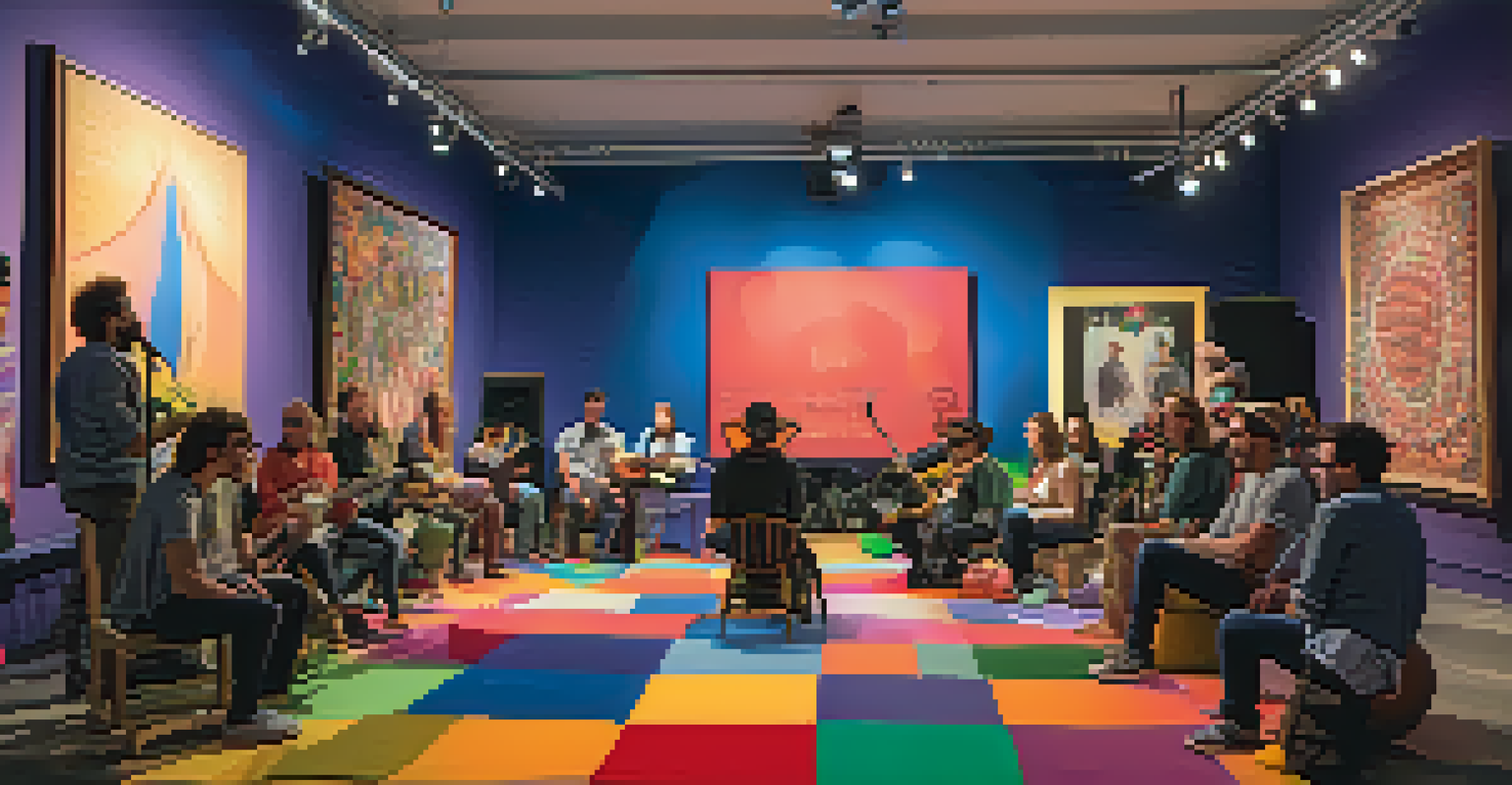 An art gallery hosting a DIY concert with local artists performing to an attentive audience.