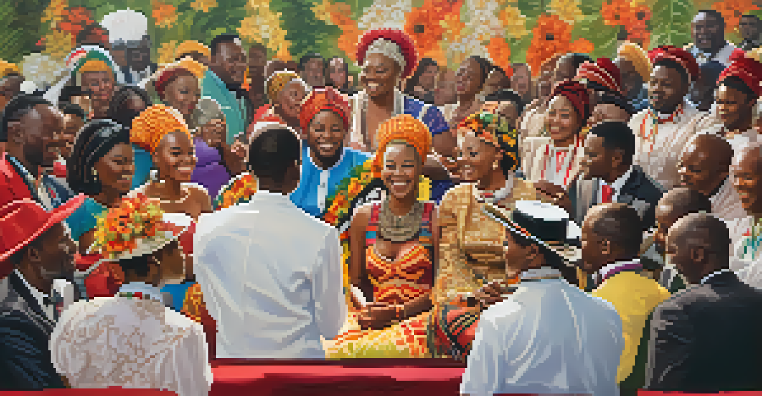 A Zulu wedding ceremony with a couple surrounded by family and friends singing and celebrating, showcasing vibrant traditional attire and decorations.