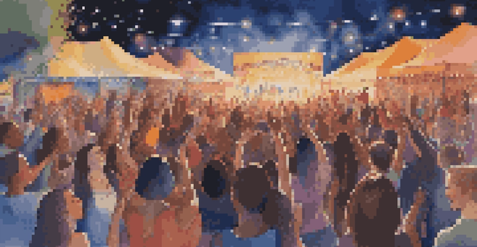 A lively music festival featuring female artists performing on stage, with colorful lights illuminating the scene and a diverse audience enjoying the music.