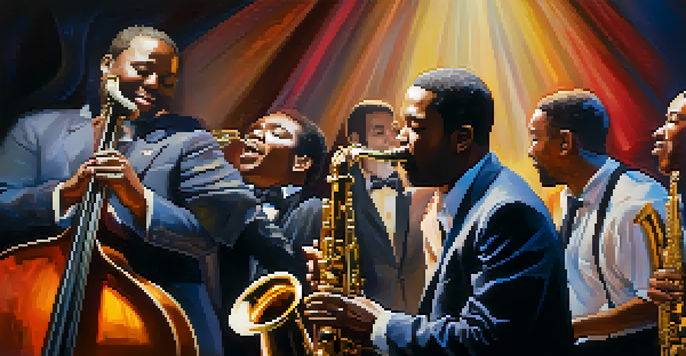 A lively jazz band performing in a dimly lit club with a saxophonist, pianist, and double bassist, while the audience sways to the music.