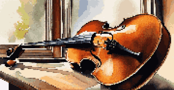 A detailed view of a wooden cello on a velvet table, illuminated by soft natural light, showcasing its intricate craftsmanship.