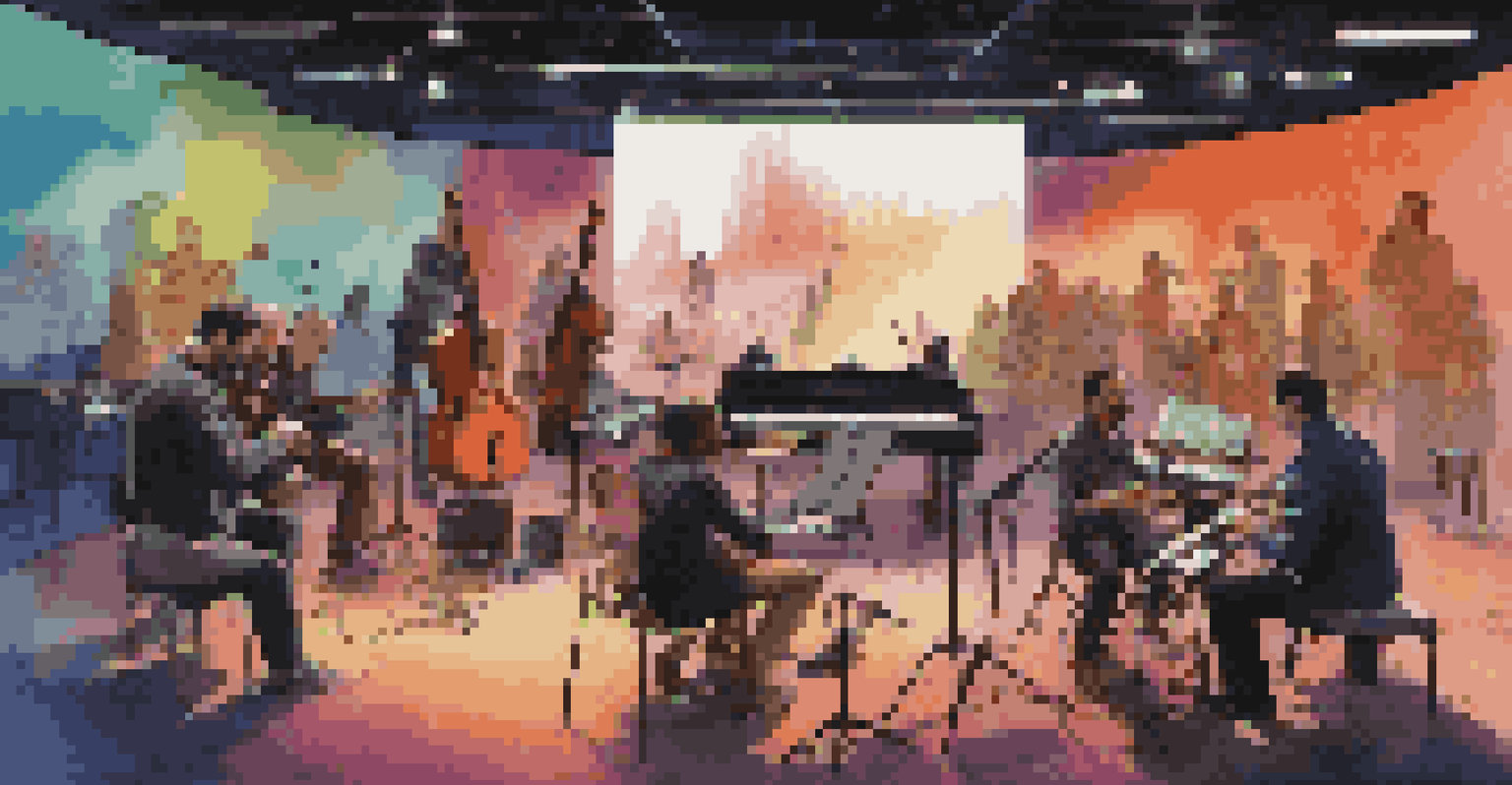 A contemporary film set with diverse musicians working on a soundtrack, featuring traditional and electronic instruments.