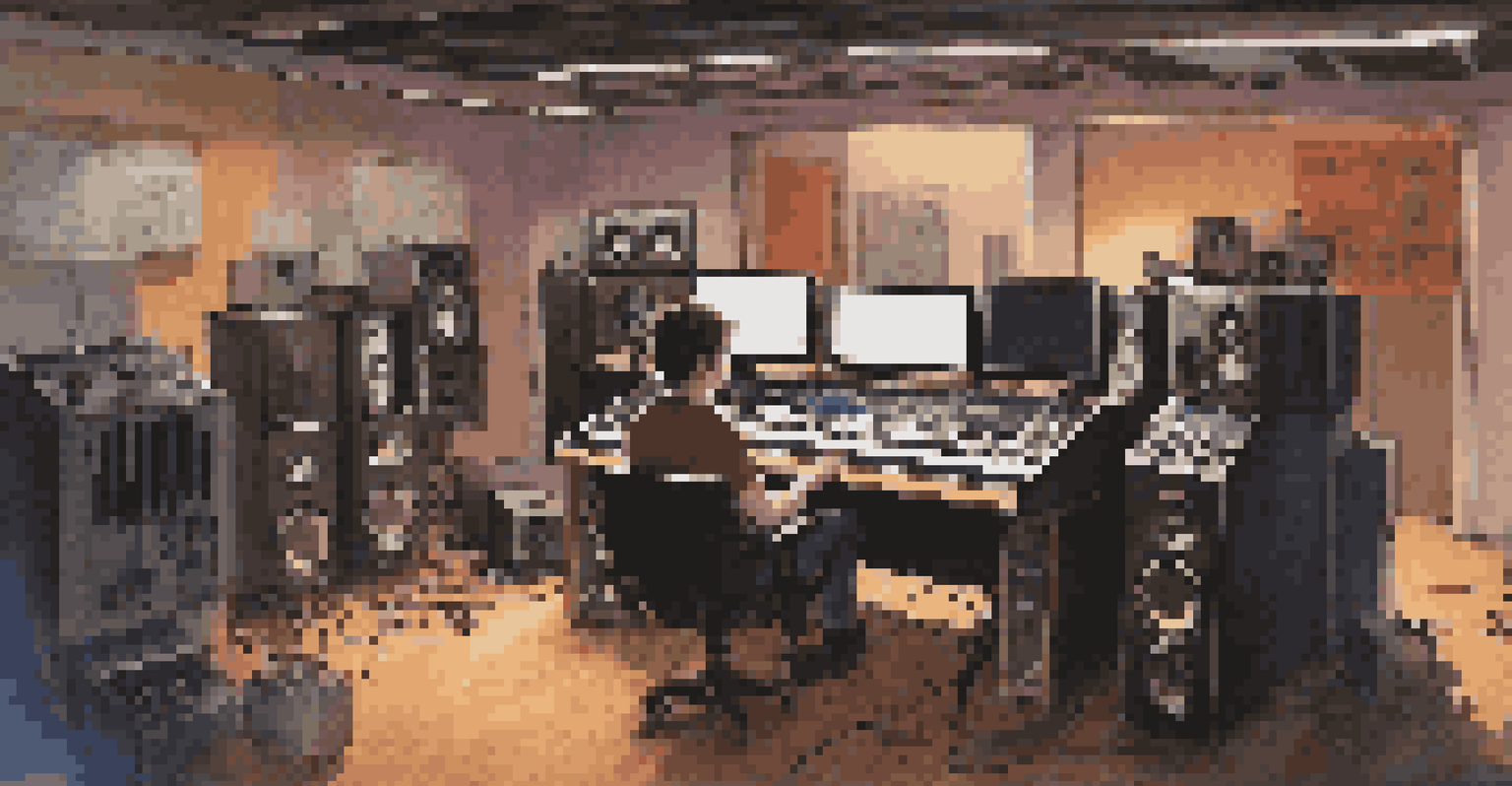 A modern recording studio with a young artist and producer collaborating, surrounded by synthesizers and mixing equipment in a soft-lit environment.