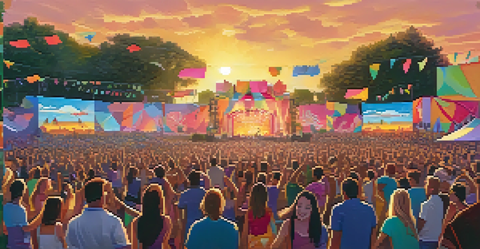 A lively music festival with a diverse crowd enjoying performances at sunset, surrounded by colorful environmental awareness banners and greenery.