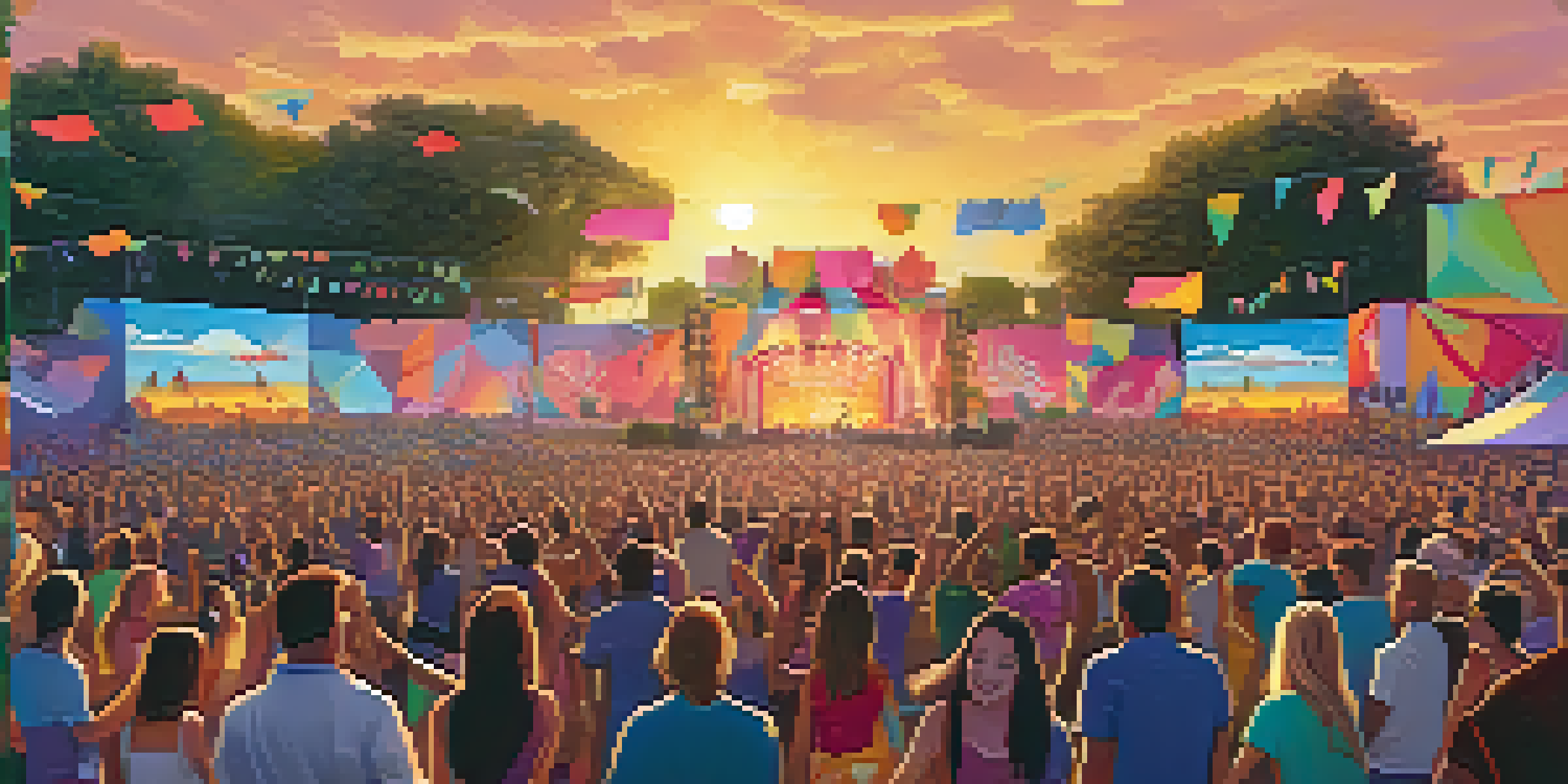 A lively music festival with a diverse crowd enjoying performances at sunset, surrounded by colorful environmental awareness banners and greenery.