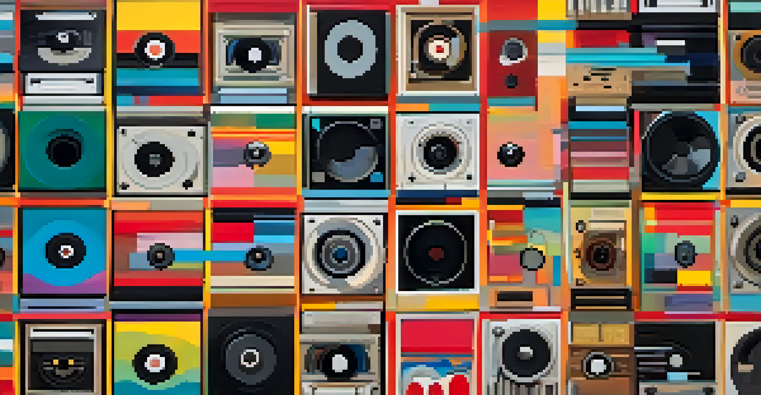 An abstract image of sound waves and musical notes intertwined with iconic film scenes, showcasing vibrant colors.