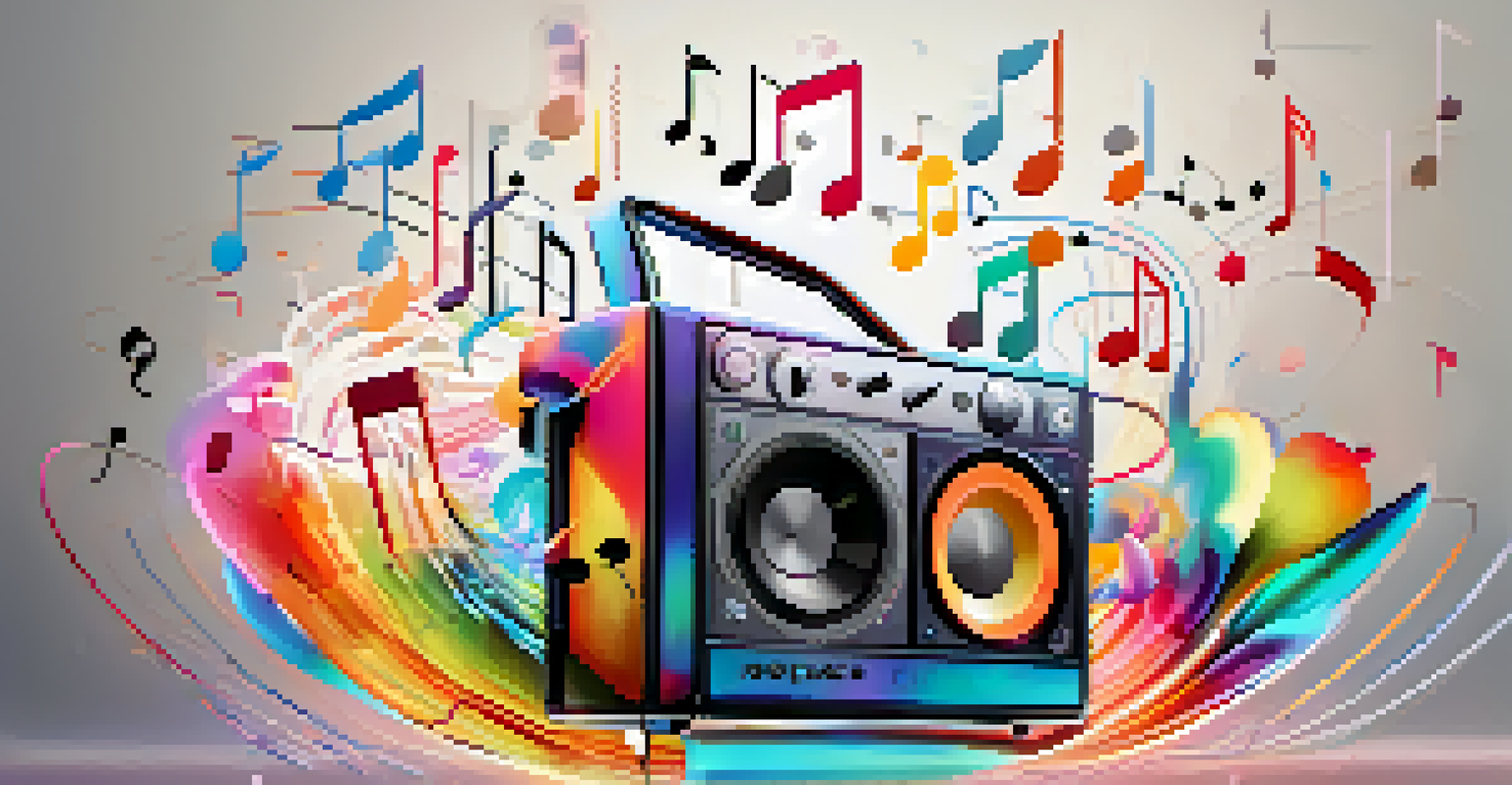 A digital device displaying a colorful music playlist with floating musical notes and sound waves.