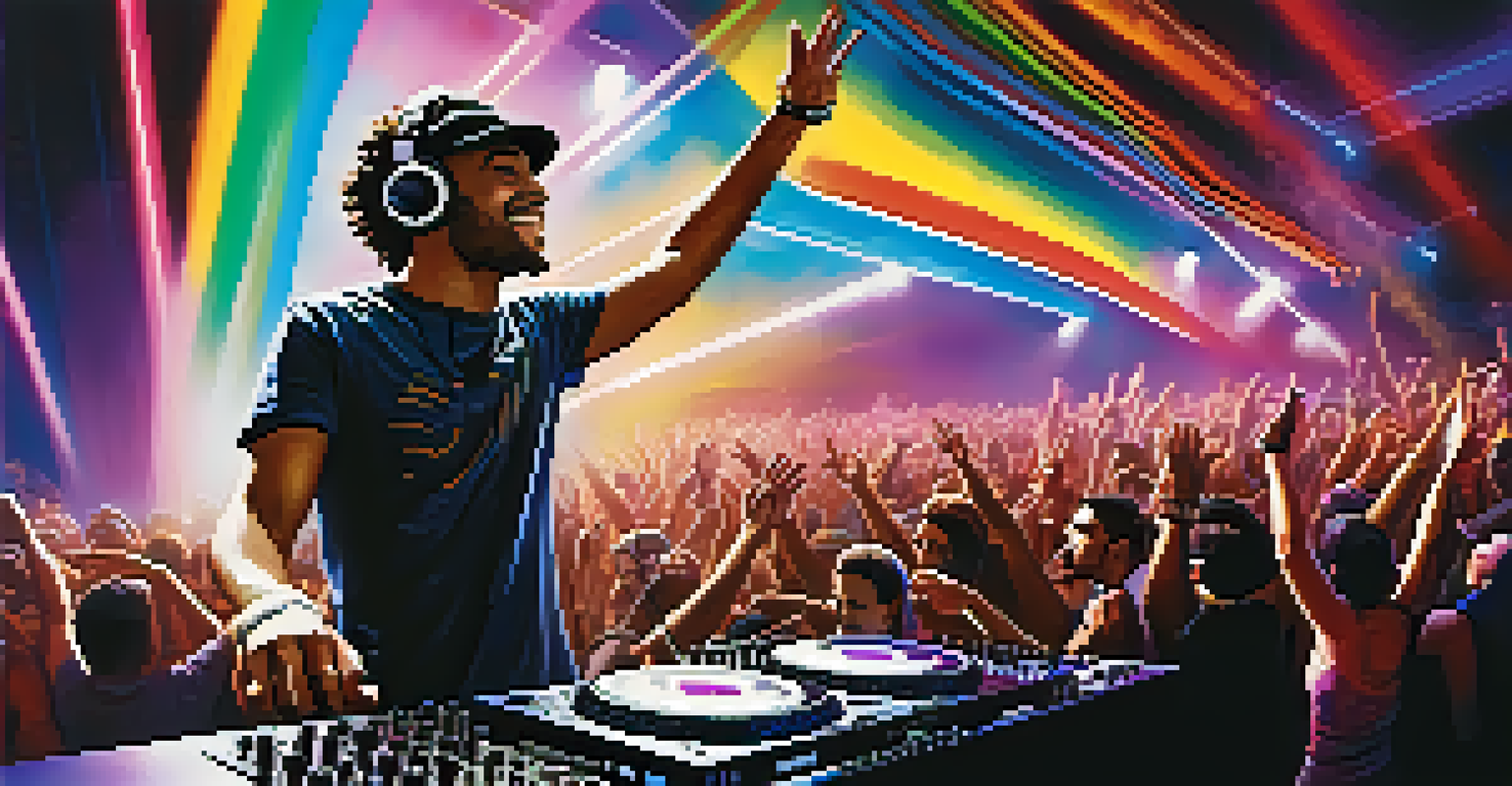 A DJ engaging with the audience during a live performance, surrounded by colorful lights.