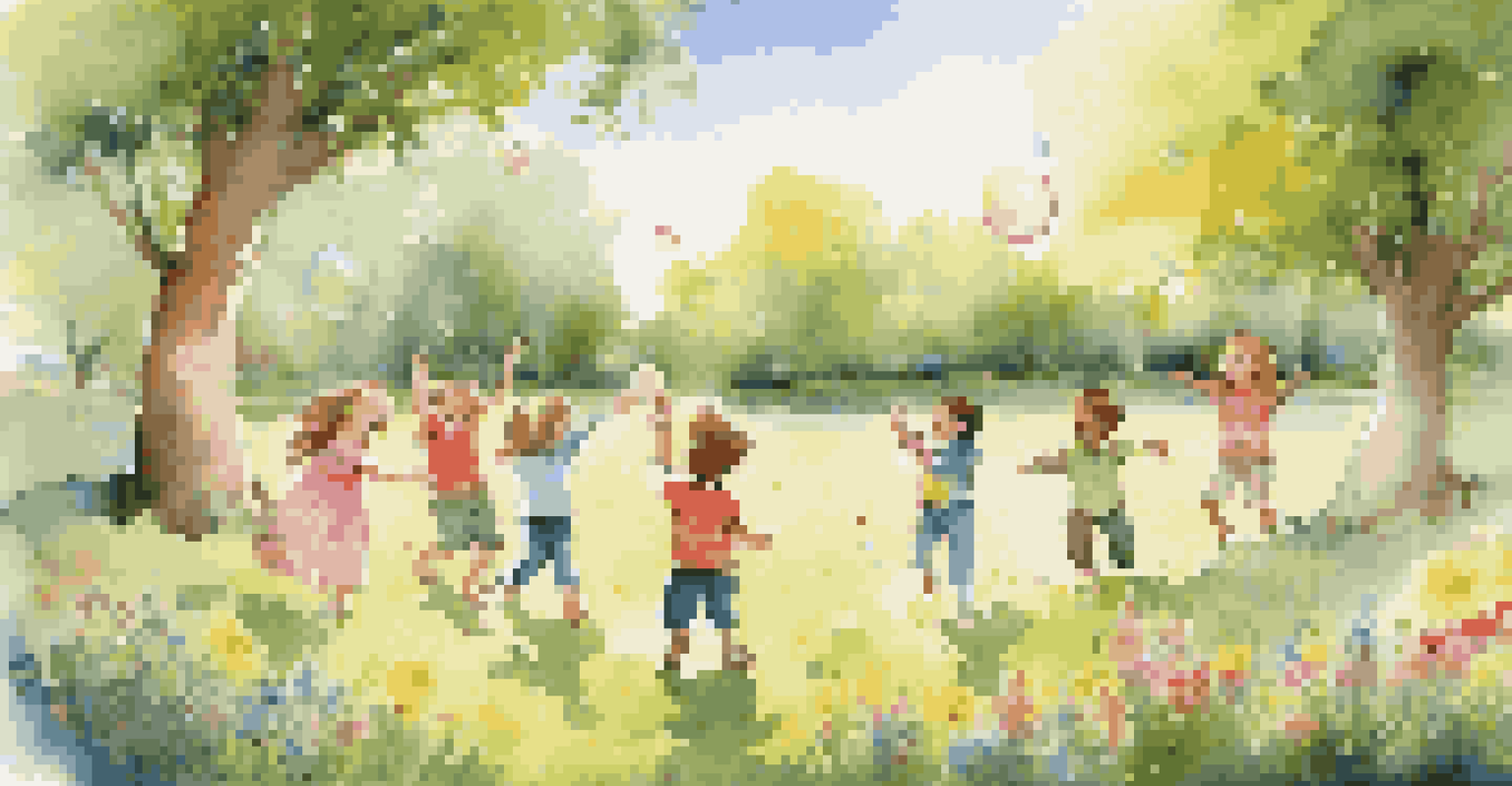 Children playing a singing game outdoors in a sunny park, surrounded by nature and laughing.