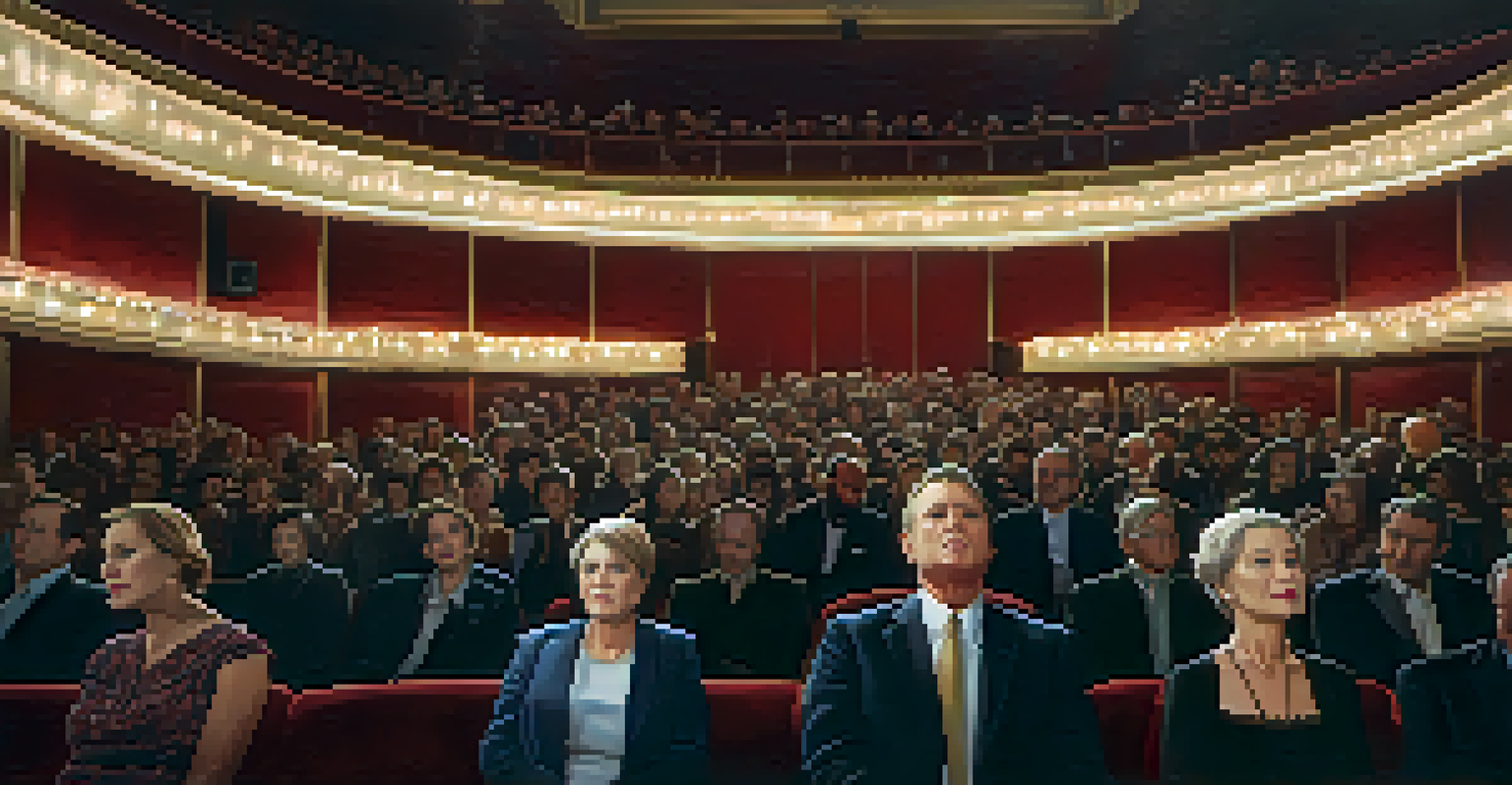 An audience in a dimly lit theater watching a film's emotional climax, with expressions of engagement and various emotions.
