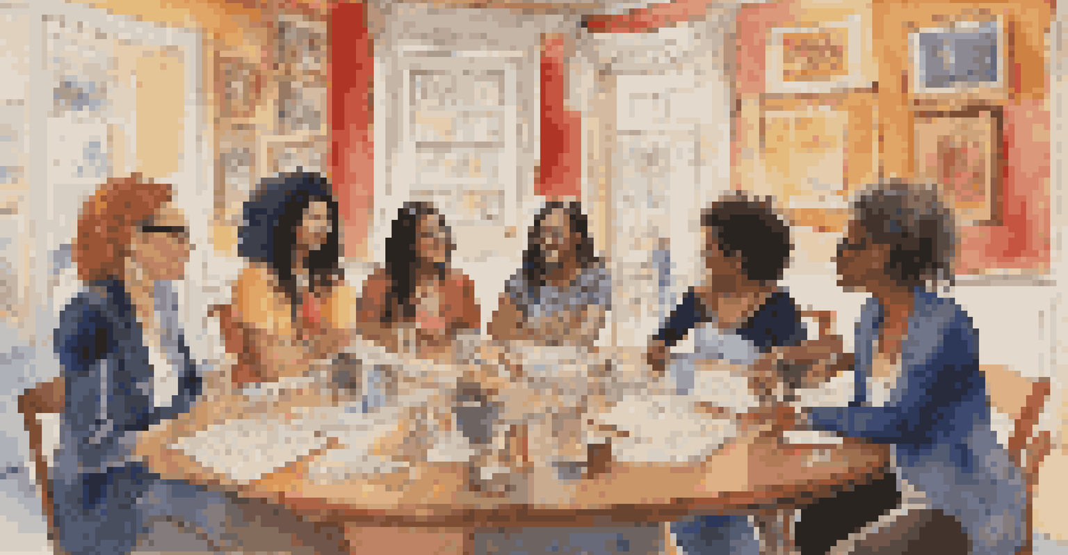 A diverse group of female music critics discussing at a roundtable, surrounded by musical notes and instruments in a warmly lit room.