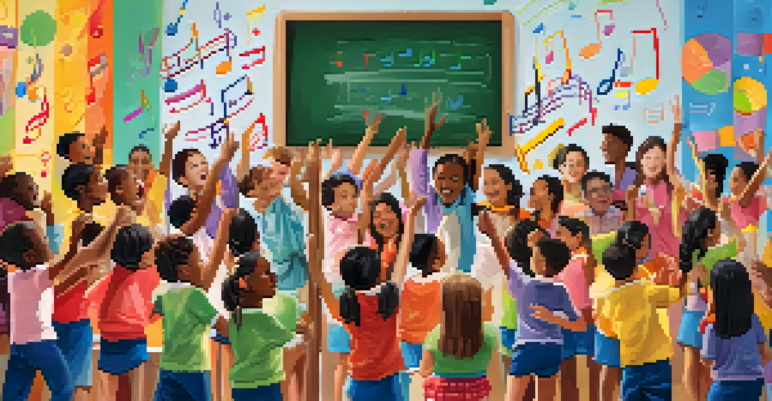 A group of diverse students happily engaging in a rhythmic activity, surrounded by a colorful educational setting.
