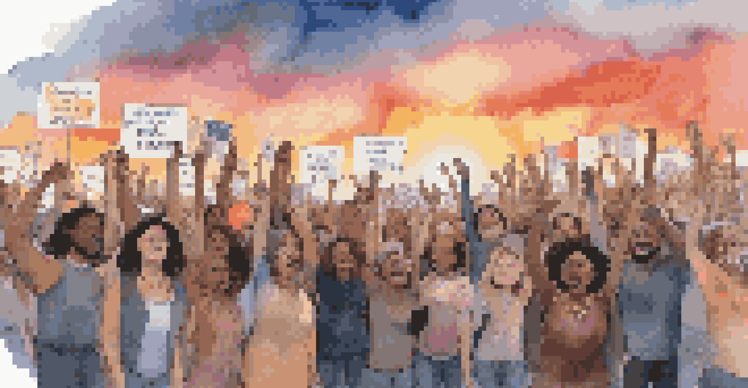 A diverse group of people protesting, holding signs and singing, with a sunset sky in the background.