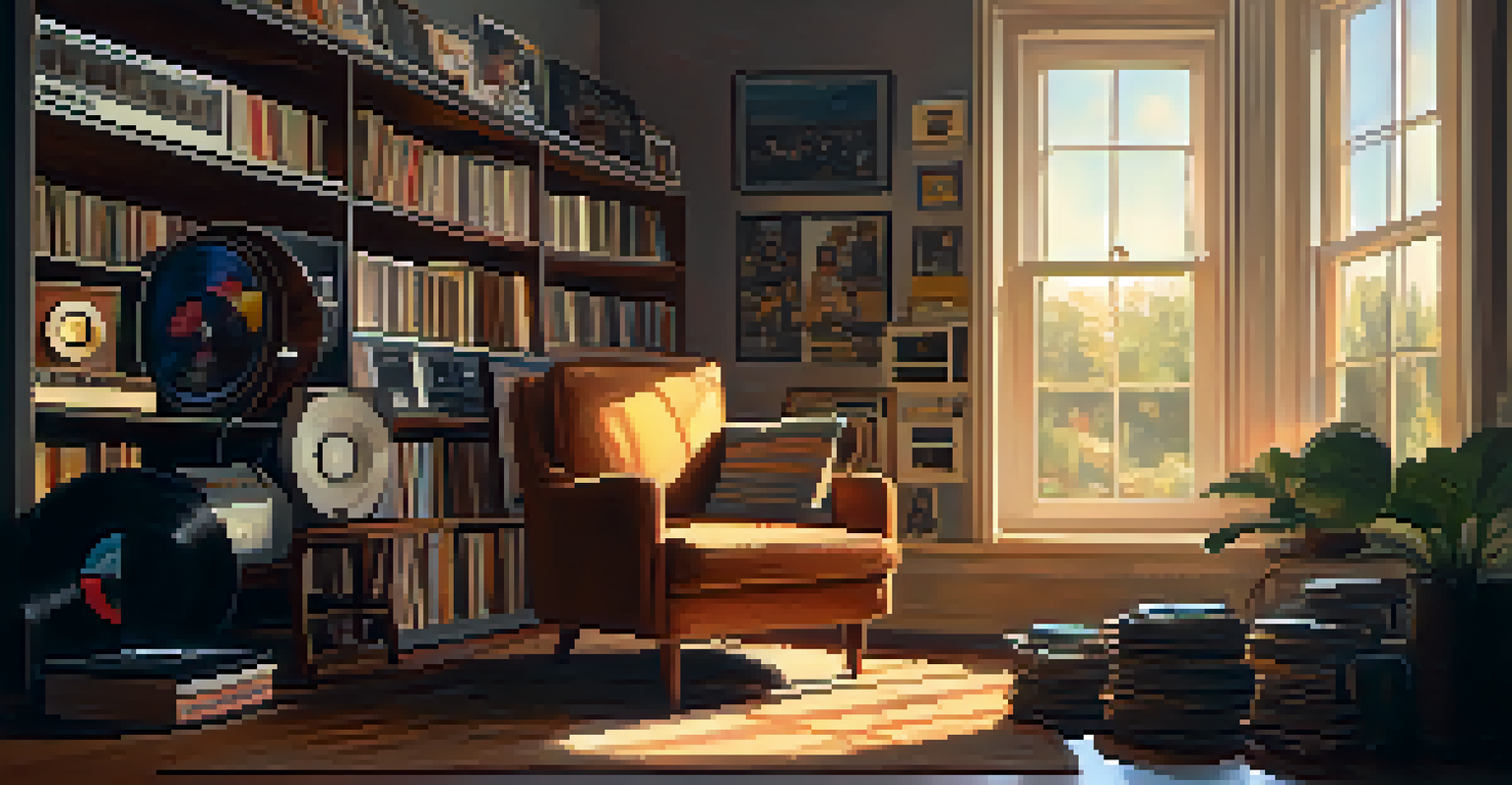 A person sitting in a cozy room, surrounded by vinyl records and a turntable, listening to music with a nostalgic expression.