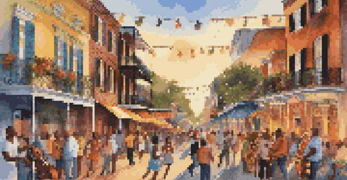 A lively street festival in New Orleans with musicians playing instruments and colorful decorations, under the warm glow of the setting sun.