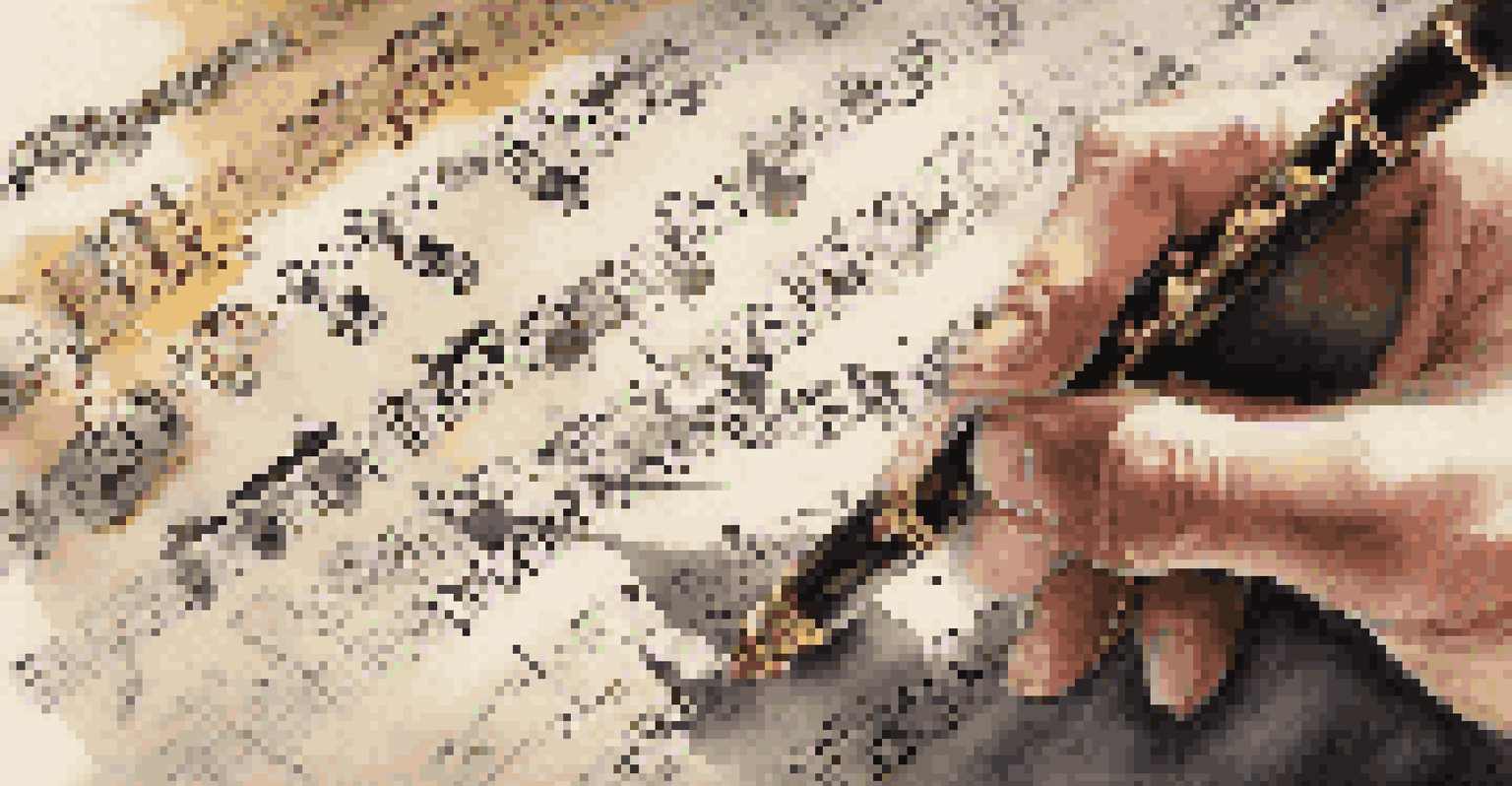 Close-up of a conductor's hands with a baton above an annotated score sheet, with musical instruments blurred in the background.