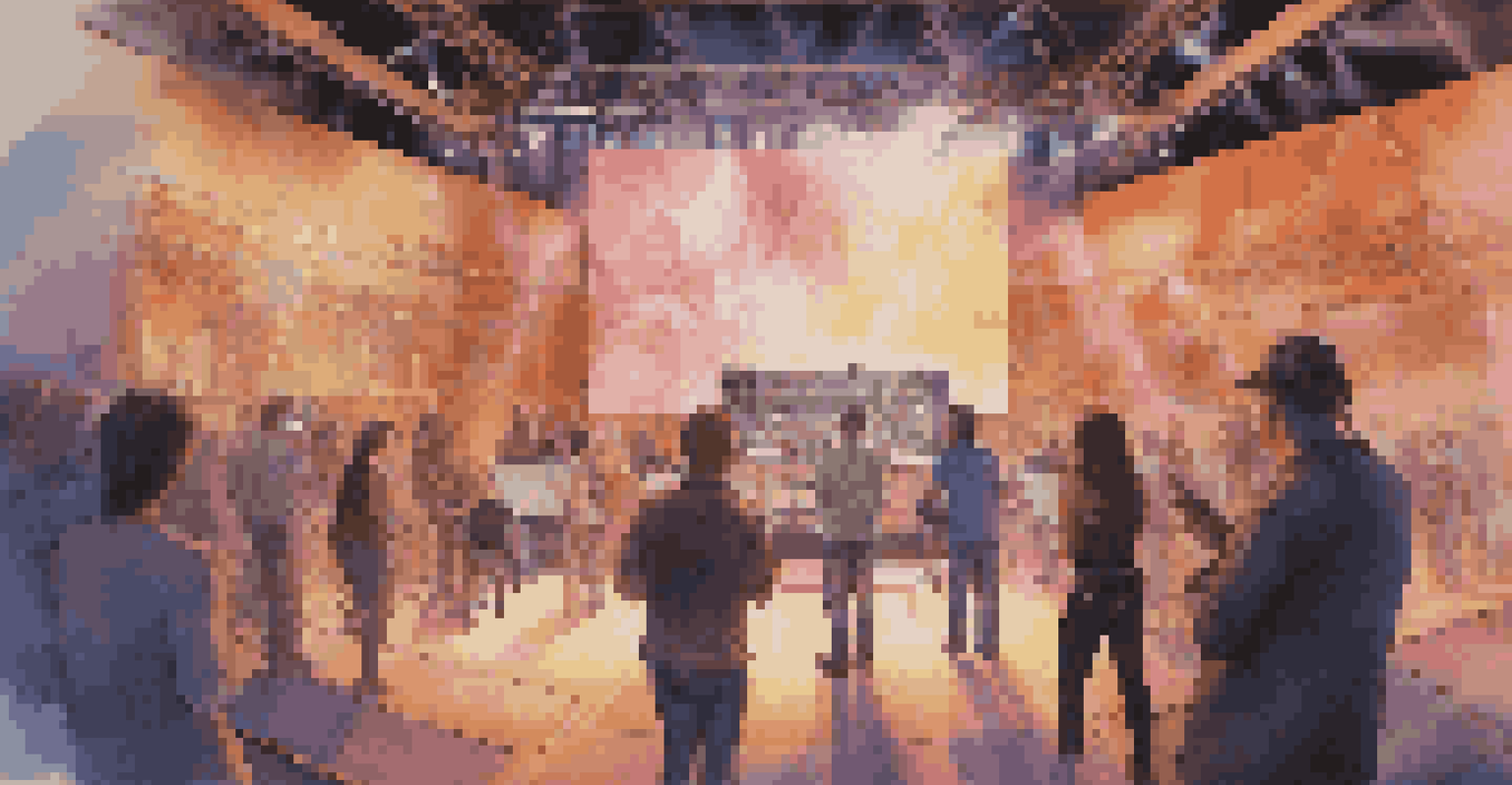 A backstage view of a VR concert with fans interacting with a holographic artist in a cozy setting.