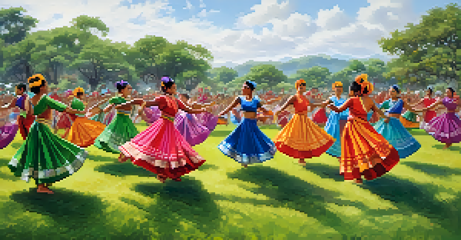 Diverse dancers in colorful costumes performing a traditional dance in a green field during a cultural festival.