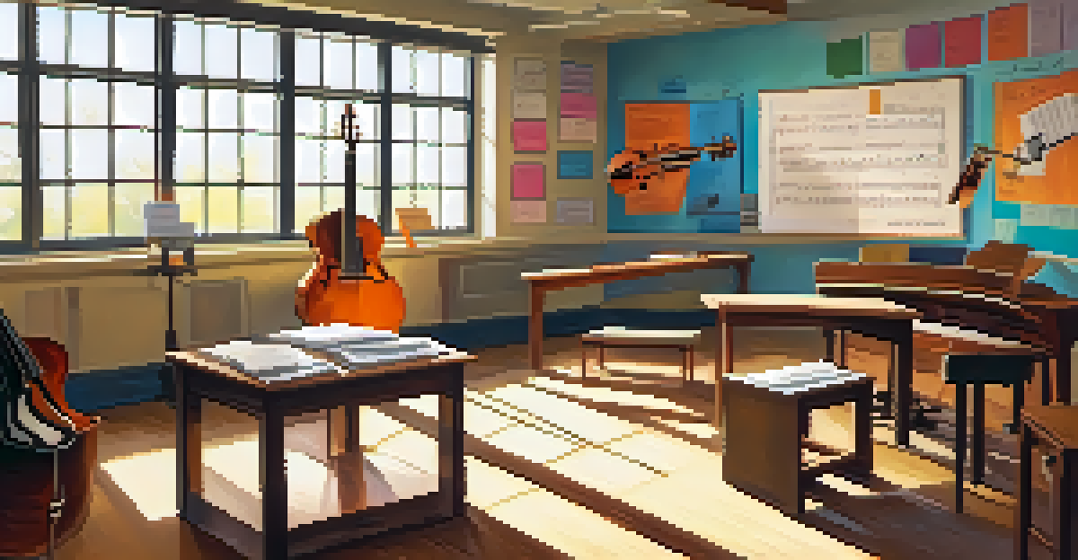A lively music classroom with students around a whiteboard displaying music notation, and various instruments in the background.
