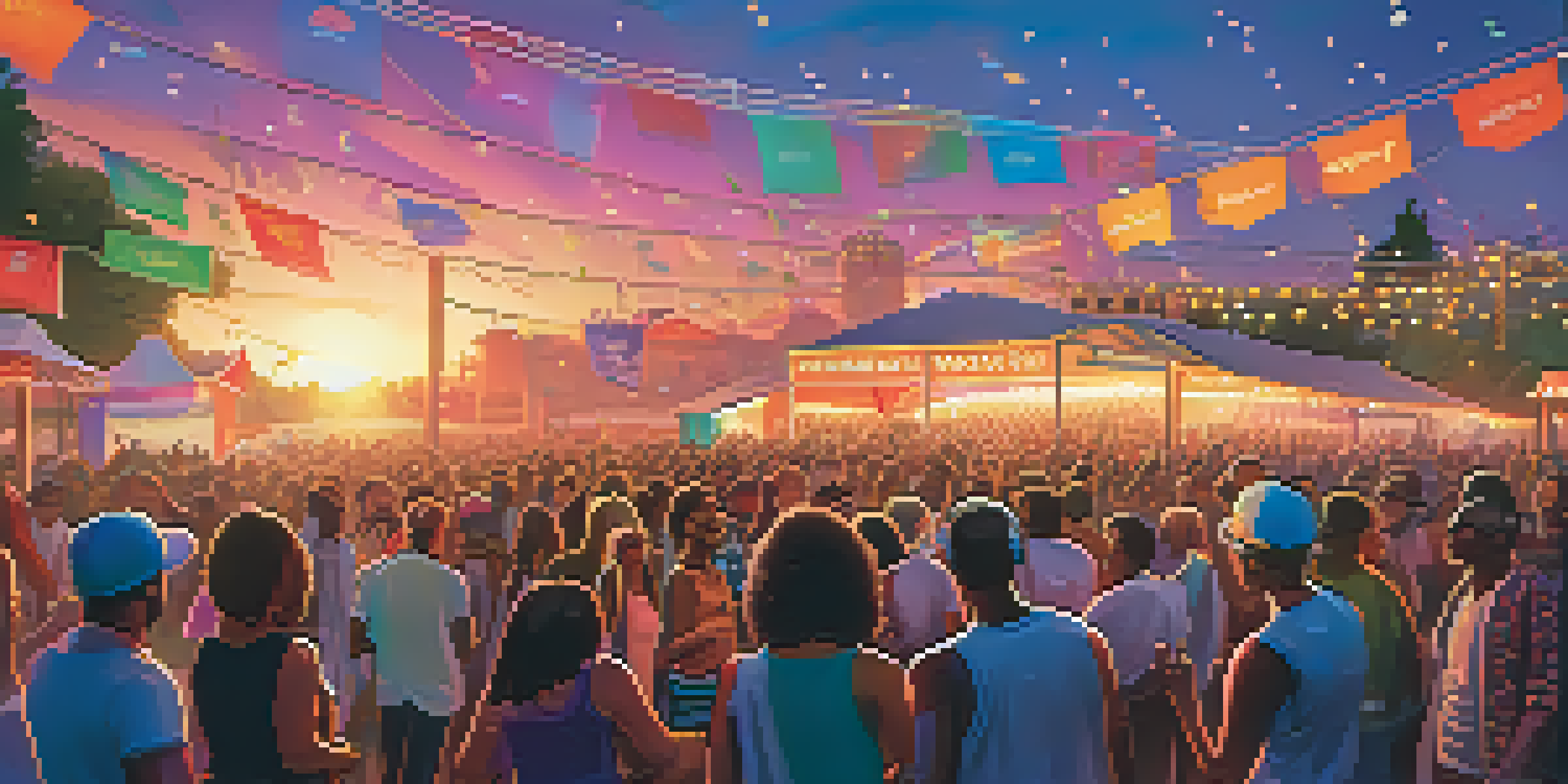 A lively outdoor music festival at sunset with a diverse crowd enjoying performances, colorful lights, food stalls, and people dancing.