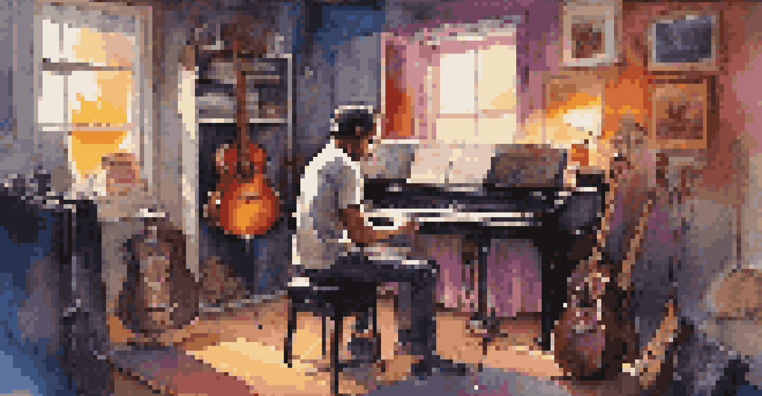 A modern musician in a studio, blending traditional and contemporary music, with various instruments and colorful sound equipment around them.