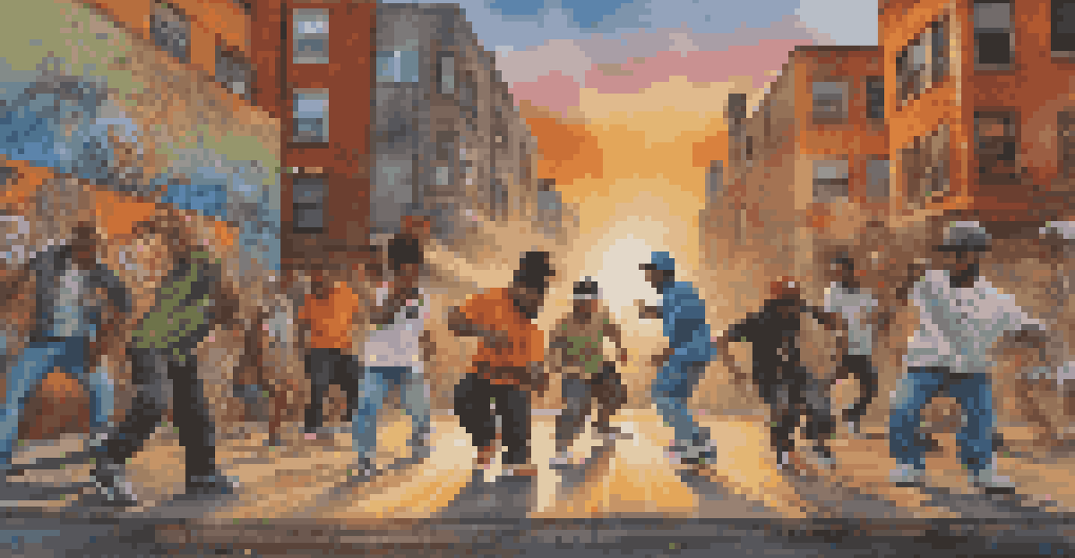 A colorful street mural showcasing hip-hop culture with graffiti, breakdancers, and DJ turntables, illuminated by sunset lighting.