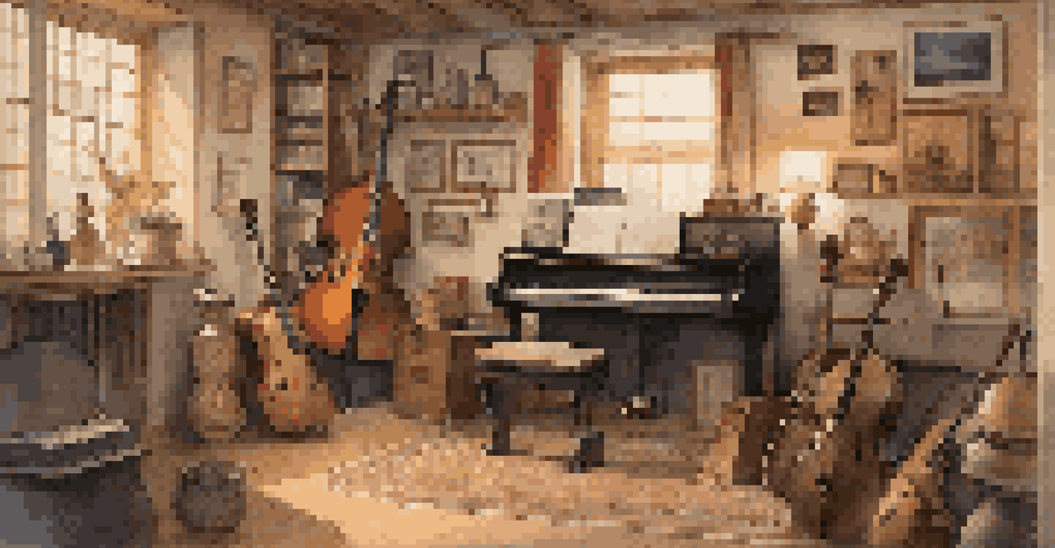 An artist and a traditional musician collaborating in a cozy music studio, surrounded by various instruments and warm lighting.
