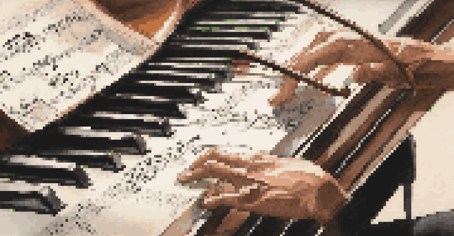 A close-up of sheet music on a stand, with hands playing a piano in the foreground and a violinist in the background, capturing the essence of musical collaboration.