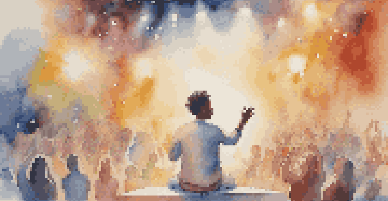 A person visualizing success before a performance with a stage in the background.