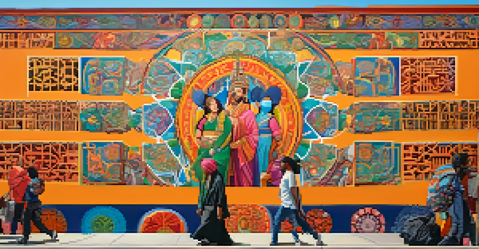 A vibrant mural depicting cultural appreciation and appropriation, featuring symbols and patterns from various cultures with a message of respect.