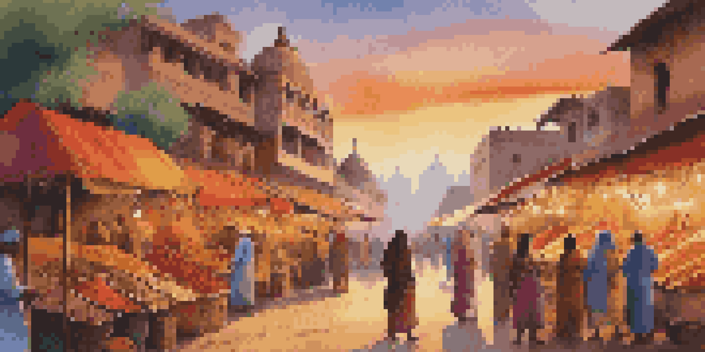 A vibrant Indian market scene during sunset, showcasing colorful stalls filled with spices and textiles, with people interacting in a warm, inviting atmosphere.
