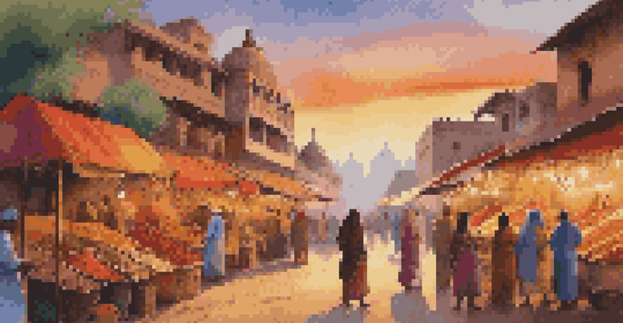 A vibrant Indian market scene during sunset, showcasing colorful stalls filled with spices and textiles, with people interacting in a warm, inviting atmosphere.