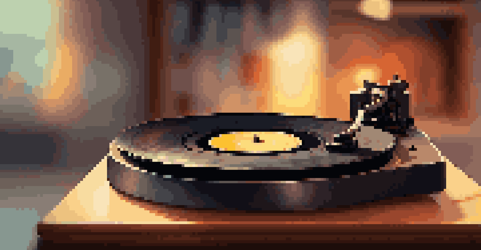 A close-up of a spinning vinyl record on a turntable, illuminated by soft lighting, with classic albums blurred in the background.