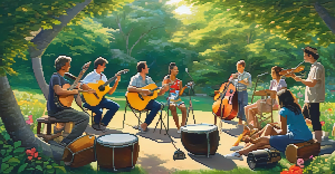 A diverse group of people playing musical instruments in a circle, surrounded by greenery and flowers, with sunlight filtering through the trees.