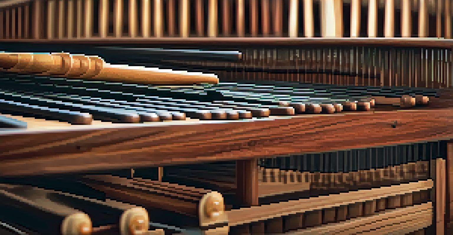 Close-up view of a traditional marimba, showcasing its wooden bars and resonators with warm lighting.