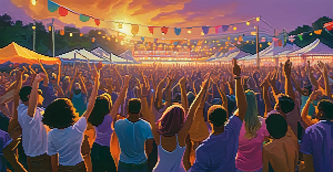 A lively outdoor music festival at sunset, with a colorful crowd dancing and enjoying the performance under a vibrant sky.